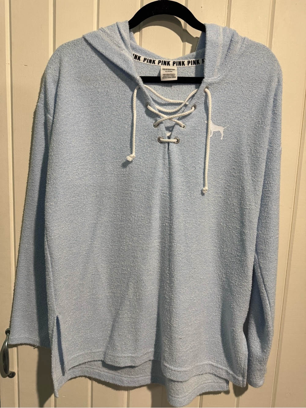 Victoria's Secret PINK Light Blue Hooded Lace-Up V-Neck Sweater